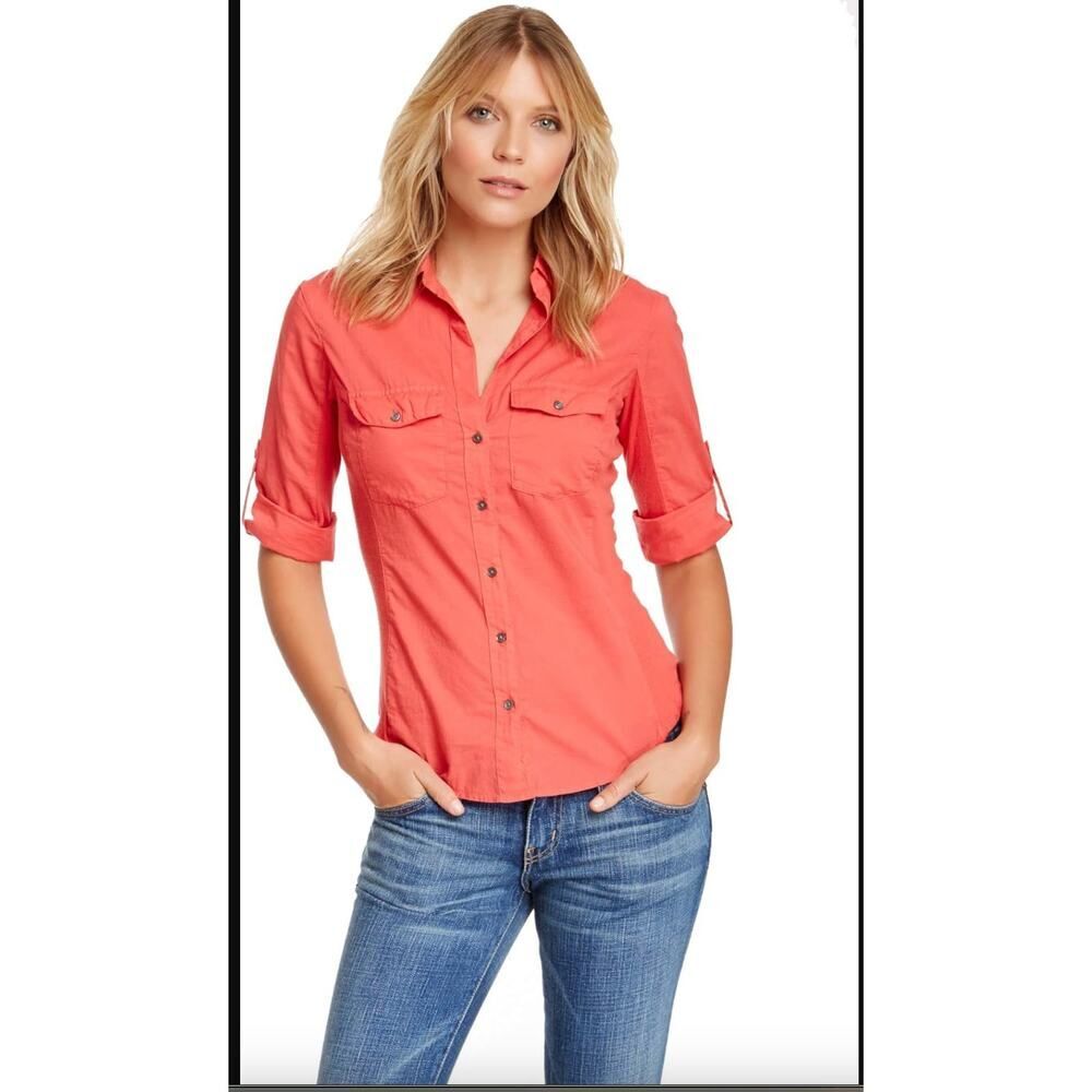 James Perse Womens Contrast Side Panel 3/4 Sleeve Shirt Sunfire